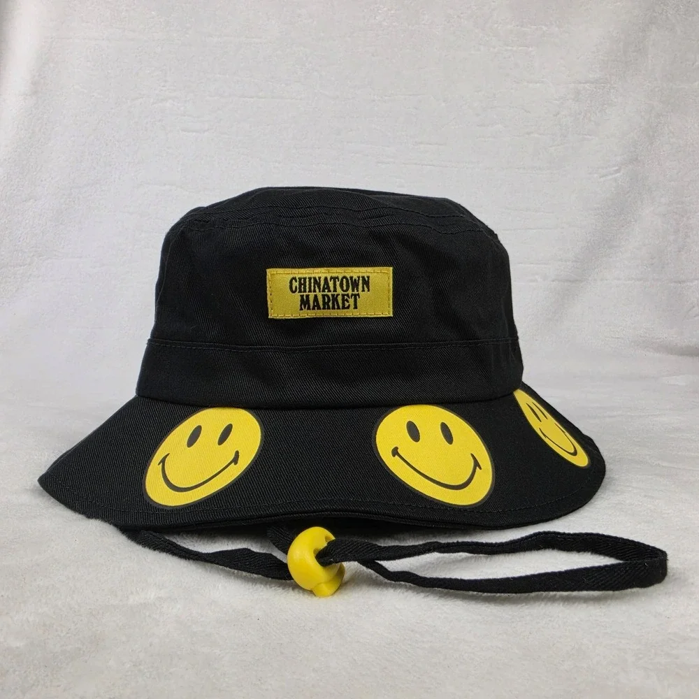 Smiley Bucket Hat Cap Medium Large Chinatown Market Woven Label Black NWT